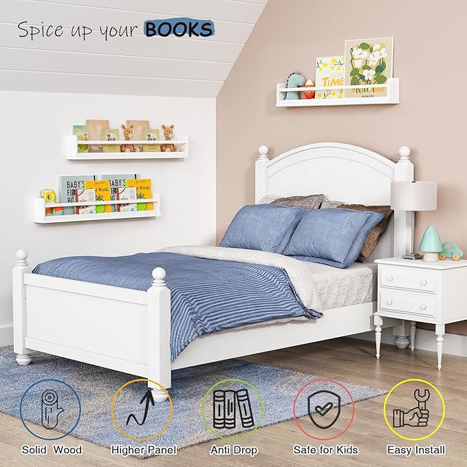 Large Nursery Book Shelves 36 Inches Long Set of 3, Modern Plate Shelf for Wall Display, Floating Shelves with Lip and Clothes Rod for Kids Bedroom Living Room Kitchen Bathroom (White)