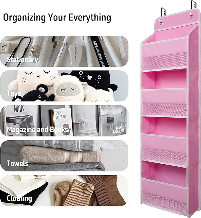 Heavy Duty Over Door Organizer, Hanging Organizer Storage with 4 Large Capacity Pockets, Closet Bathroom Nursery Bedroom Dorm, Toys Cosmetics Sundries and Baby Essentials, Pink