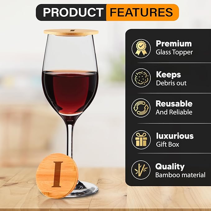 Personalized Wine Glass Charcuterie Topper - Custom Laser Engraved Initial Bamboo Wine Glass Topper Stopper Coasters Plate ID Identification Wine Glass Charcuterie Board Topper (Letter I)