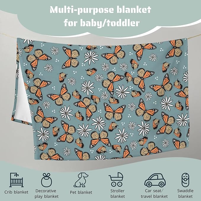 Butterfly Daisy Flower Baby Blanket for Girls Gift, Blue Yellow Floral Flannel Fleece Nursery Bed Receiving Blankets, Soft Warm Lightweight Newborn Infant Toddler Kids Crib Bedding 50 x 60
