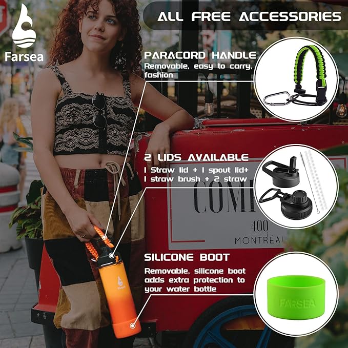 Farsea Insulated Water Bottle With Paracord Handle, Protective Silicone Boot and 2 Lids (Straw Lid & Spout Lid), Stainless Steel Water Bottle Wide Mouth, Double Wall Sweat-Proof BPA-Free, 40 oz