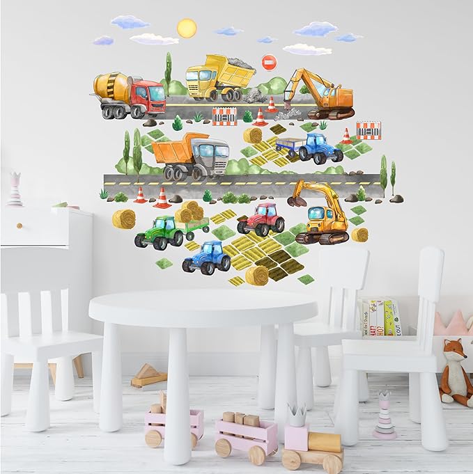 Car Wall Decals for Kids by Lipastick - Transports Wall Stickers Peel and Stick Truck Stickers – Construction Cars Wall Decals - Large Tractor Excavator City Nursery Playroom Décor S Size