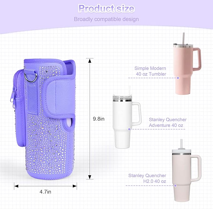 Bling Diamond Water Bottle Carrier Bag with Phone Pocket for Stanley 40/30 oz Tumbler with Card Holder,Neoprene Water Bottle Holder Pouch with Adjustable Strap for Stanley Cup Accessories