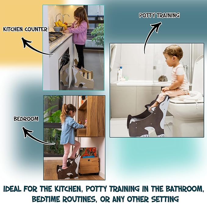 Crowned Cuddles - Premium Wooden Step Stool for Kids Toddler Step Stool, Kids Step Stool for Toddlers, Wood Step Stool for Kids Bathroom Sink, Kitchen Counter & Potty Stool (Natural)