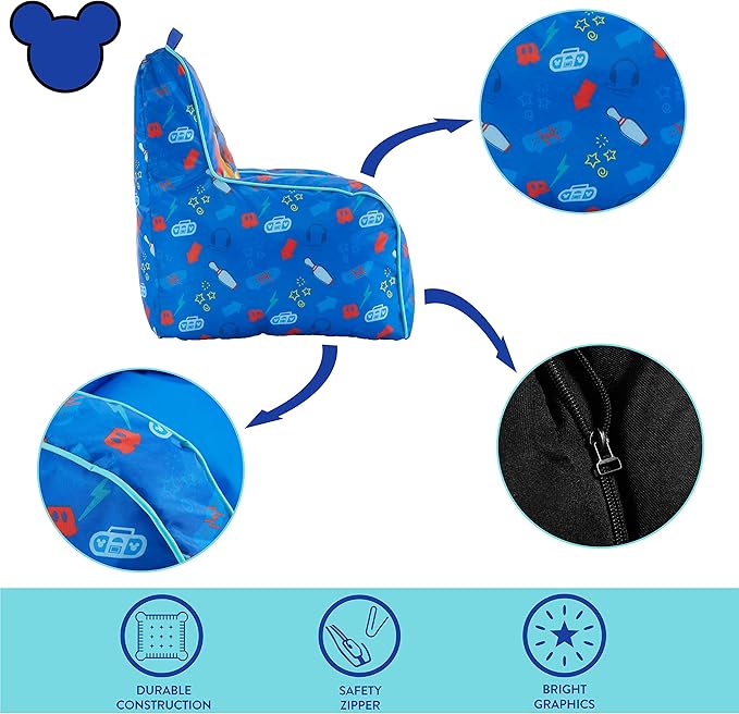Idea Nuova Disney Mickey Mouse Kids Nylon Bean Bag Chair with Piping & Top Carry Handle, Large