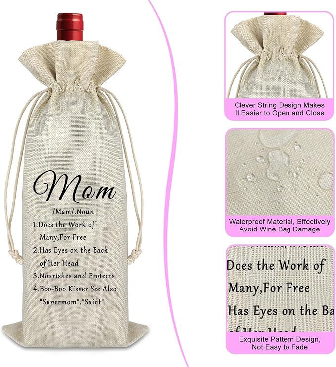 Funny Birthday Gift for Mom Wine Bags Mom Gift for Mom from Daughter Son Mother's Day Gift Thank You Gift for Mother Inspirational Christmas Easter Gift for Women Stepmom Burlap Wine Wrap Bag
