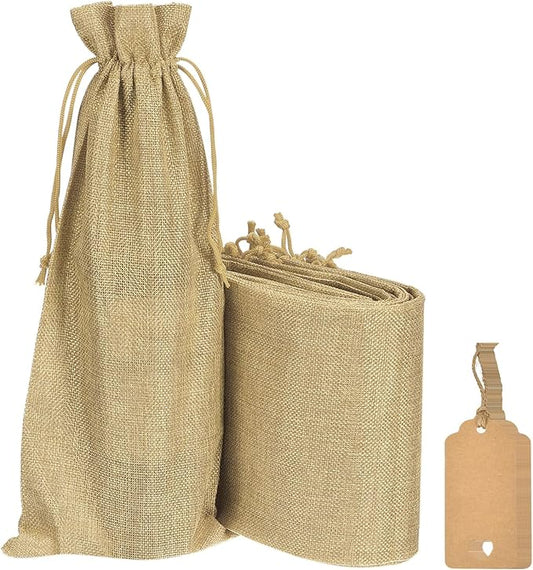uxcell Burlap Wine Bags with Drawstrings, 12Pcs Wine Gift Bags Reusable Wine Bottle Bags with Ropes and Tags for Wedding, Birthday, Travel (14 x 6.3 In, Wood)