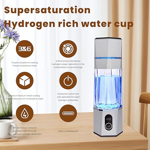 Hydrogen Water Bottle Generator, High-Efficiency Hydrogen Water Machine Up to 5000 PPB, Hydrogen Water Bottle for 99.99% Pure Hydrogenated Water, SPE/PEM,OLED (Silver), zbfc1SILVER
