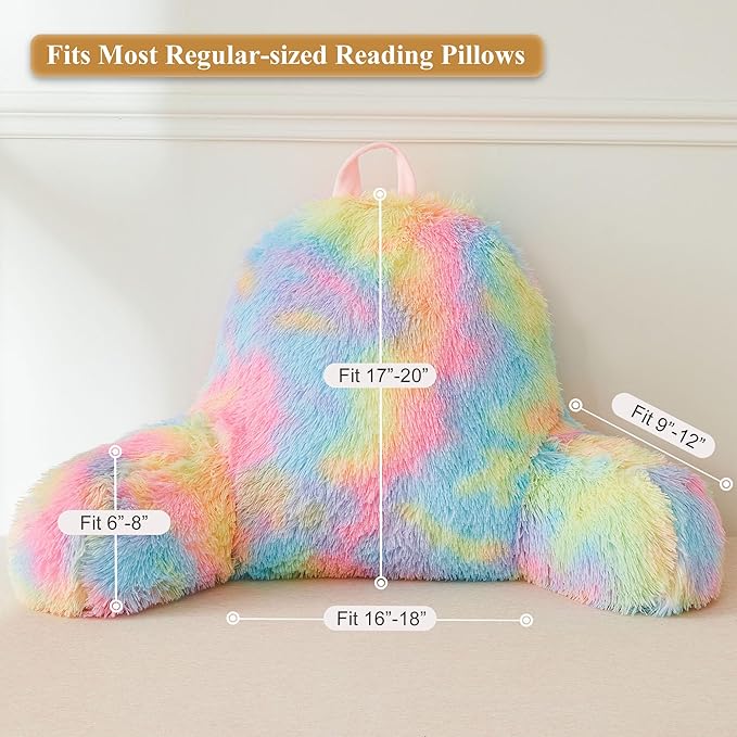 XeGe Fluffy Back Support Pillow Cover for Bed (No Filler), Tie Dye Faux Fur Backrest Pillow Case, Furry Reading Pillow Cover with Arms Adults Kids Girls, Fuzzy Sit Up Study Pillow for Floor, Rainbow