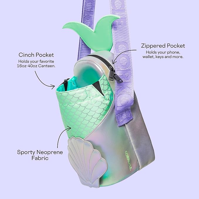 Corkcicle x Disney Princess Ariel Crossbody Water Bottle Sling Bag, Fits 16 oz to 40 oz Tumbler – Water Bottle Holder with Strap Securely Holds Bottle, Cards, Phone, & Keys