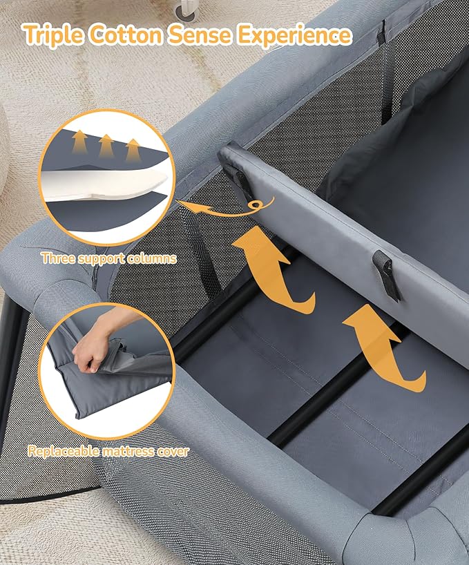 ELEMARA Baby Travel Crib Easy-Set Up,Portable Crib with Comfortable Mattress and Lightweight-Foldable Crib with Long-Lasting Playard, Indoor & Outdoor Playpen, Pack and Play for Toddler（Dark Gray