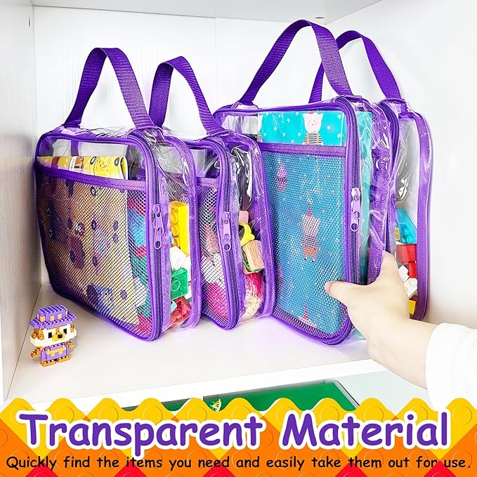 VERONLY 4 Packs PVC Toy Zippered Blocks, Travel Storage Case Bags for Organizing, Waterproof Toy Storage Bags with Mesh Pockets for Building Blocks, Puzzles, Clays,Toy Cars 11.8" Lx3 Wx9 H (Purple).