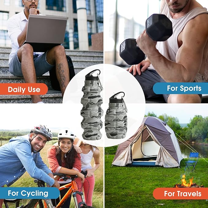 Collapsible Water Bottle 19.6oz - Gift Box, Carabiner, Leak Proof Lid - Collapsible Water Bottles for Traveling - Gifts for Husband & Veterans Day Gift - Reusable & Foldable Gift for Travelers (Gray)