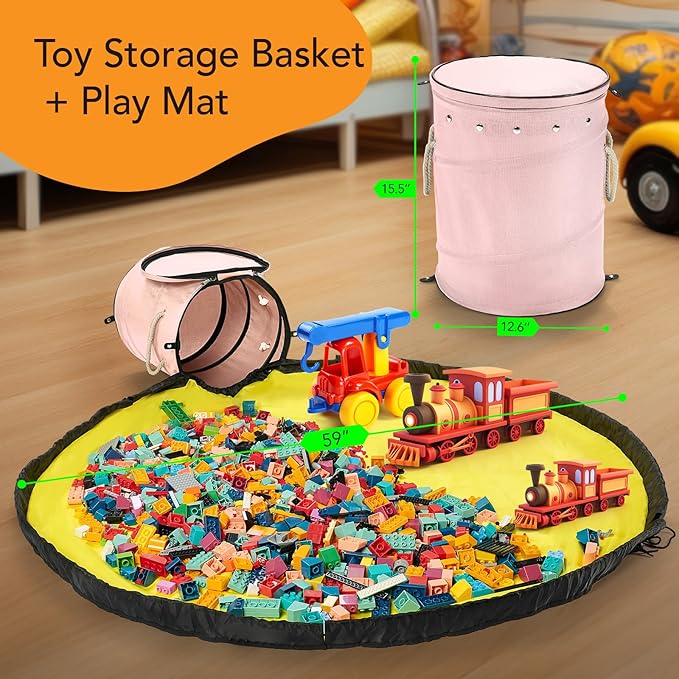Toy Storage Basket + Play Mat for Kids Toy Chest Organizer Kids Toy Storage Organizer Foldable Big Storage Bins with Lids Large Toy Box for Boys Girls Toy Holders for Kids Rooms Nursery(Pink)