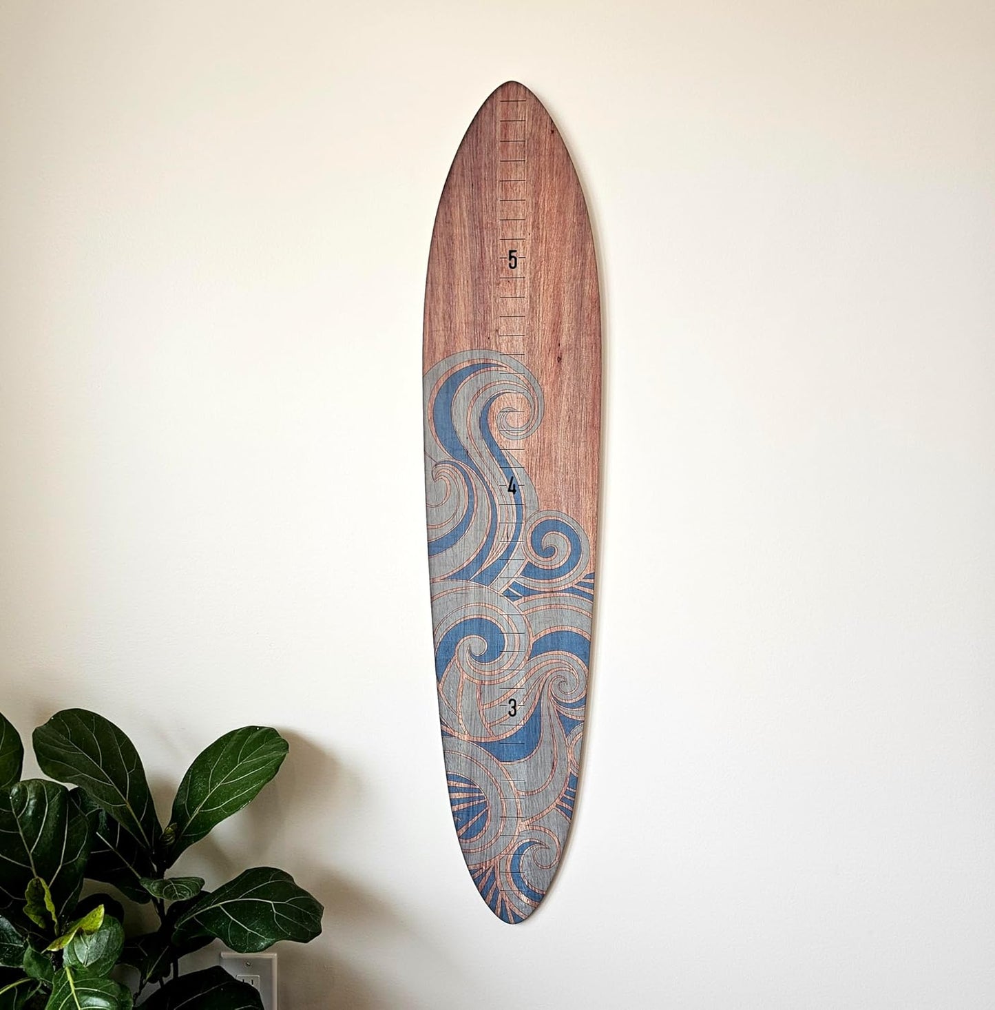 Wooden Surfboard Wall Decor Growth Chart - Surf Board Wall Decor for Kids Room, Wooden Growth Chart for Wall, Surfboard Wall Art, Surfboards for Decoration - Blue Wave (9.5"x 45")