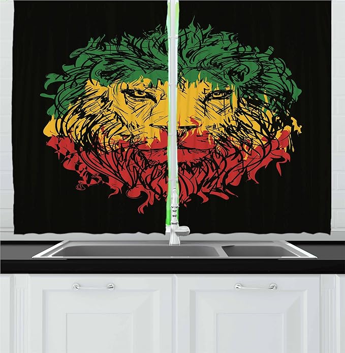 Ambesonne Rasta Kitchen Curtains, Ethiopian Flag Colors on Grunge Sketchy Lion Head with Black Backdrop, Window Drapes 2 Panel Set for Kitchen Cafe Decor, 55" x 24", Pale Lime Green