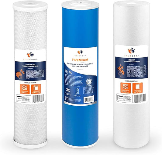 Aquaboon Whole House Water Filter Replacement Set - 5 Micron Water Filters 20 x 4.5 Inch: Sediment Filter, Granular Activated Carbon Water Filter, Carbon Block Water Filter for Water Filtration System