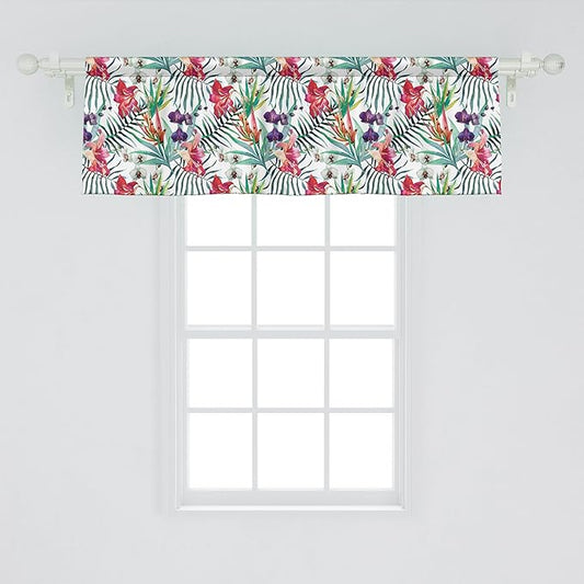 Ambesonne Watercolor Flower Window Valance, Tropical Wild Orchid Flowers with Palm Leaves Print Exotic Style Nature, Curtain Valance for Kitchen Bedroom Decor with Rod Pocket, 42" x 18", Multicolor