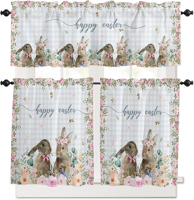 Rabbits Flowers Easter Kitchen Curtains and Valances Set,Eucalyptus Leaf Spring Summer Window Tiers Grey White Buffalo Plaid Half/Short Curtains for Small Windows Cafe /Living Room/ Bedroom 54x 36 in