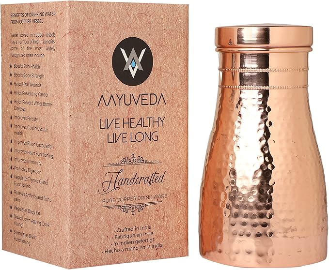 AAYUVEDA® Hammered Pure Copper Bedroom Water Bottle 34oz, with In-Built Tumbler (Loose Lid, Pack of 1)