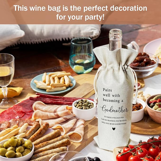 Godmother Proposal Wine Gift Bags & Card, Godmother Gifts Baptism Gifts for Godparents God Mom God Mother 1pcs Reusable Burlap Wine Gift Bags for Wine Bottles, Party Favor Will You be My Godmother -18