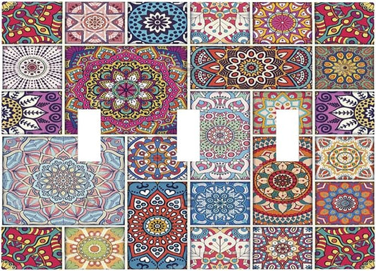 Morocco Talavera Mexican Tiles Printed Colroful Mandala 3 Gang Light Switch Covers Triple Toggle Wall Plate Decorative Switchplate Electrical Faceplate for Kitchen Bathroom Bedroom Decor