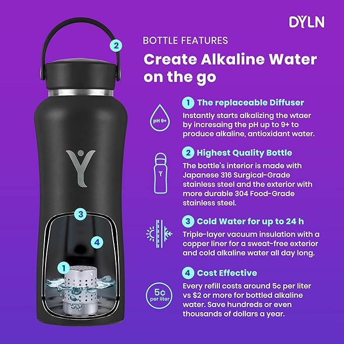DYLN Alkaline Water Bottle | Portable Hydrogen Water Bottle Creates Hydrogen-Rich Water up to 9.5 pH | Vacuum Insulated Stainless Steel Keeps Water Cold for 24 Hours
