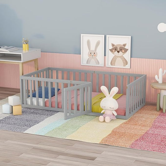 Twin Size Floor Bed with Fence, Solid Wood Floor Bed Frame for Kids with Door, Twin Platform Bed for Boys and Girls Kids Teens, Fun Design Multifunctional Floor Bed