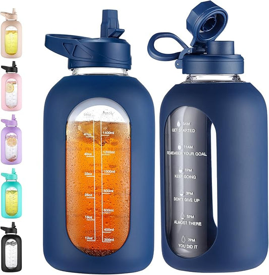 CIVAGO 64 oz Glass Water Bottle Jug with Straw and Handle, Half Gallon Sports Motivational Water Bottle with Time Marker and 2 Lids, Large Water Flask Canteen with Silicone Sleeve for Gym,Navy