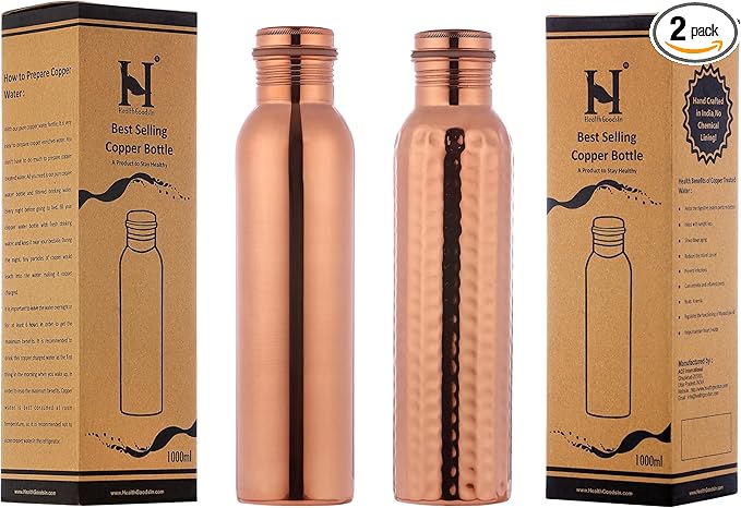 Set of 2 Pure Copper Water Bottles, UNLINED, UNCOATED and LACQURE FREE for Ayurvedic Health Benefits 1000 ML