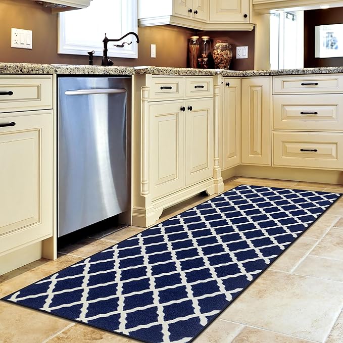 Machine Washable Moroccan Trellis Design Non-Slip Rubberback 2x6 Traditional Indoor Runner Rug for Hallway, Kitchen, Bedroom, 2'2" x 6', Navy