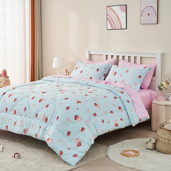 Wajade Kids Strawberry Comforter Set Bed in A Bag Twin Size 7 Piece Blue 3D Cute Strawberry Fruit Bedding Set for Girls Boys (1 Comforter, 1 Flat Sheet, 1 Fitted Sheet, 2 Pillowcase and 2 Pillow Sham)