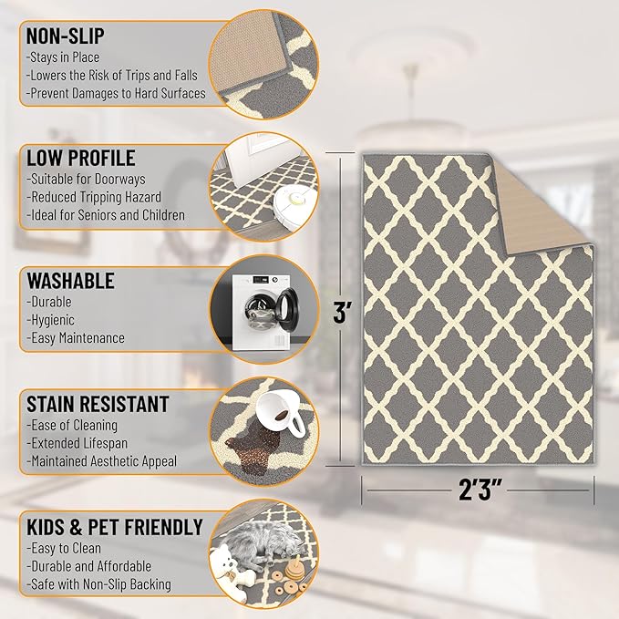 Ottomanson Glamour Collection Non-Slip Rubberback Moroccan Trellis Design 2x3 Indoor Area Rug/Entryway Mat, 2'3" x 3', Gray