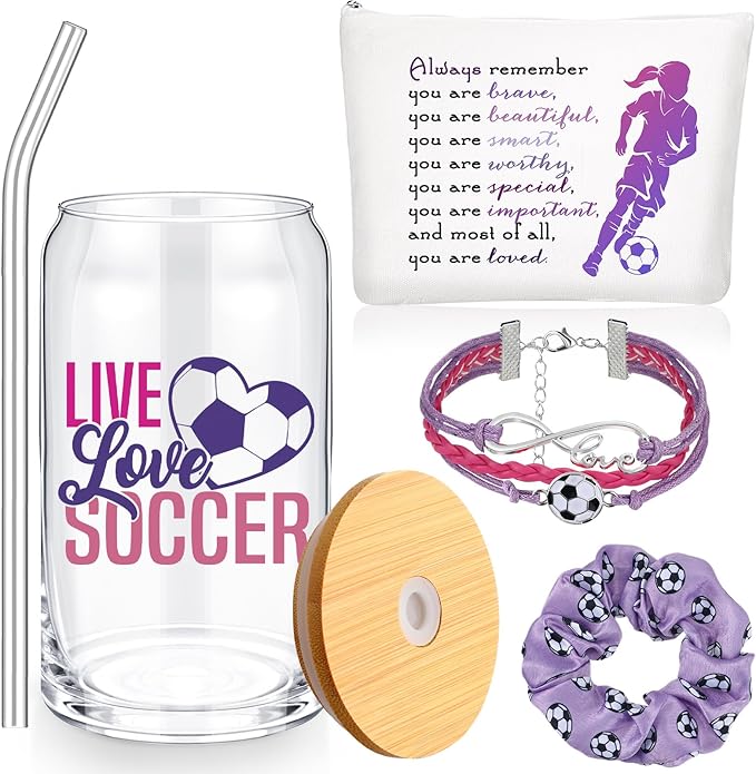 SilTriangle 4 Pcs Girls Soccer Gifts Soccer Glass Cup 16oz Soccer Water Bottles Inspirational Soccer Theme Makeup Bag Soccer Bracelet Elastic Soccer Scrunchies for Girls Back to School Soccer Lovers