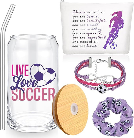 SilTriangle 4 Pcs Girls Soccer Gifts Soccer Glass Cup 16oz Soccer Water Bottles Inspirational Soccer Theme Makeup Bag Soccer Bracelet Elastic Soccer Scrunchies for Girls Back to School Soccer Lovers