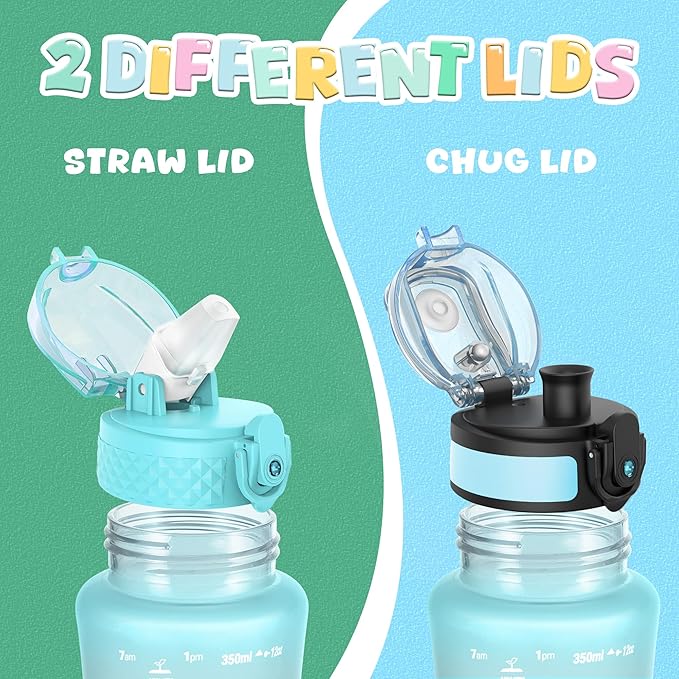 OLDLEY Kids Water Bottle for School, 12 oz (2 lids) BPA-Free Reusable Leak-proof Durable Tritan Plastic Water Bottles with Straw & Chug Lids, Anti-dust Spout Cover (Tulips)