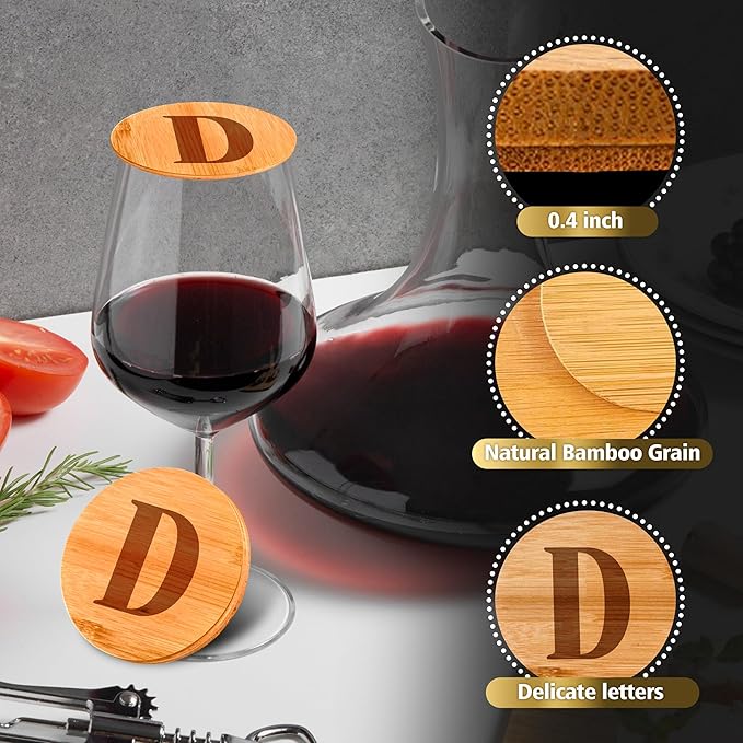 Personalized Wine Glass Charcuterie Topper - Custom Laser Engraved Initial Bamboo Wine Glass Topper Stopper Coasters Plate ID Identification Wine Glass Charcuterie Board Topper (Letter D)