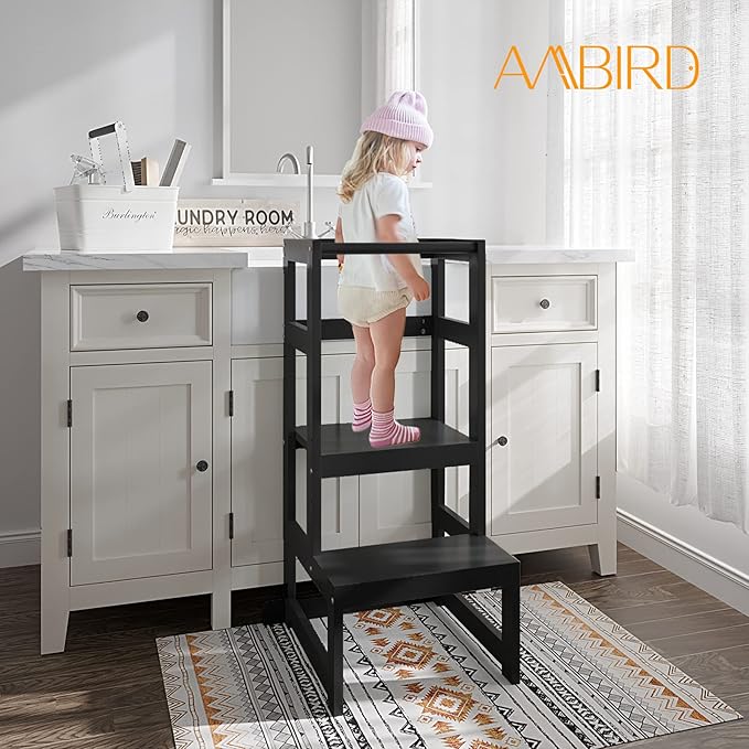 AMBIRD Toddler Step Stool, 3 Adjustable Height Kitchen Step Stool for 18-48 Months Kids, Wooden Toddler Kitchen Stool with Rail & Non-Slip Mat for Kitchen & Bathroom Sink (Black)