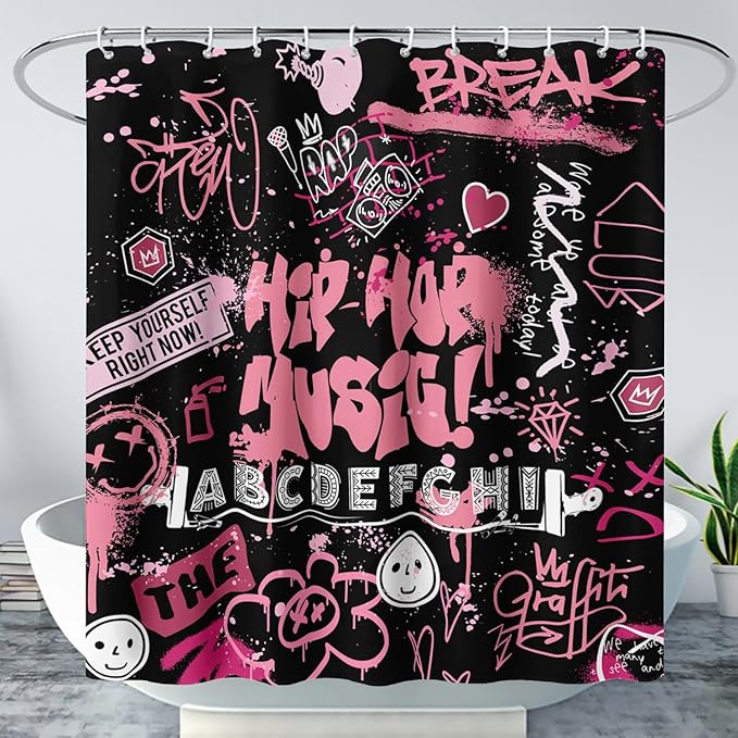 AILONEN Black Pink Graffiti Shower Curtains for Teens Girls,Hip-Hop Music Bath Shower for Bathroom,Polyester Waterproof with 12 Hooks,72" W*72" H Black Pink