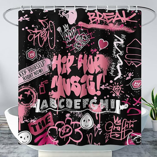 AILONEN Black Pink Graffiti Shower Curtains for Teens Girls,Hip-Hop Music Bath Shower for Bathroom,Polyester Waterproof with 12 Hooks,60" W*72" H Black Pink