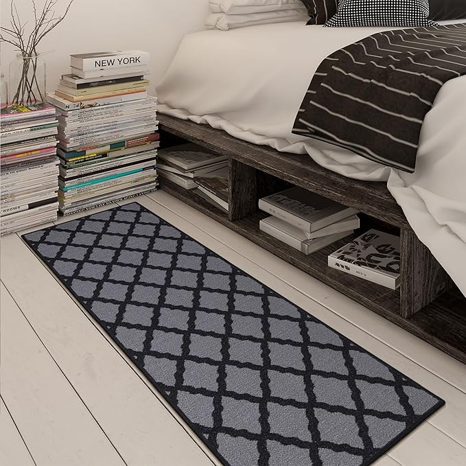 Machine Washable Moroccan Trellis Design Non-Slip Rubberback 2x5 Traditional Indoor Runner Rug for Hallway, Kitchen, Bedroom, Entryway, 20" x 59", Dark Gray