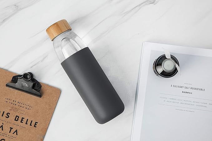 veegoal Glass Water Bottles 18 Oz Borosilicate with Bamboo Lid, BPA-FREE, Non-Slip Silicone Sleeve, and Stainless Steel Leak Proof Lid - Glass Water Bottle for Men and Women