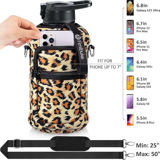 Fimibuke Half Gallon Water Bottle with Sleeve 64 OZ Water Bottle with Handle & Straw Leakproof Motivational Sports Gym Water Bottle with Time Marker BPA Free Water Jug with Reusable Neoprene Holder