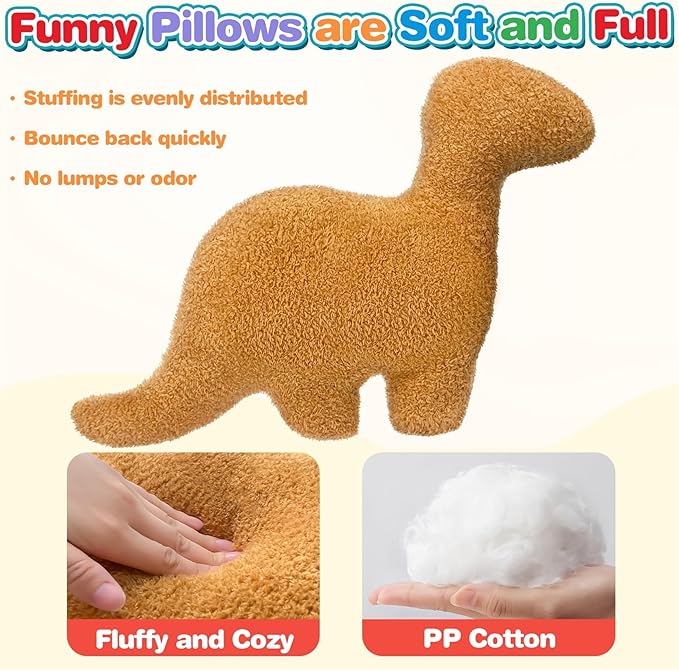 Large Dino Nugget Pillow, Dinosaur Chicken Nuggets Plush Funny Gifts for Teen Boys Girls, Fun Throw Pillows Cute Room Decor for Teens Adults Dinosaur Gifts (Large, Brontosaurus)