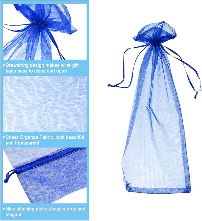 uxcell Organza Wine Bags, 12PCS 14.5 x 5.5 In Dark Blue Sheer Mesh Organza Wine Wrapping Bags With Drawstring Wine Gift Pouches for Bottle Birthday, Wedding Party