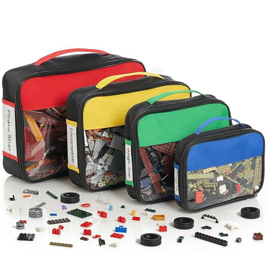 Premium Toy Storage Bags Compatible with LEGO Bricks - Set of 4 Bags With Labels, Handles & Pockets For Easy Organizing - Quality Bliss Bins for Keeping Puzzles & Board Games Stored with Ease