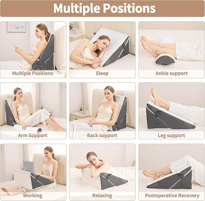 Wedge Pillow for Sleeping, 3PCS Bed Pillow for Side Sleeping, L29 x H22 Body Pillow with Memory Foam, Dark Grey