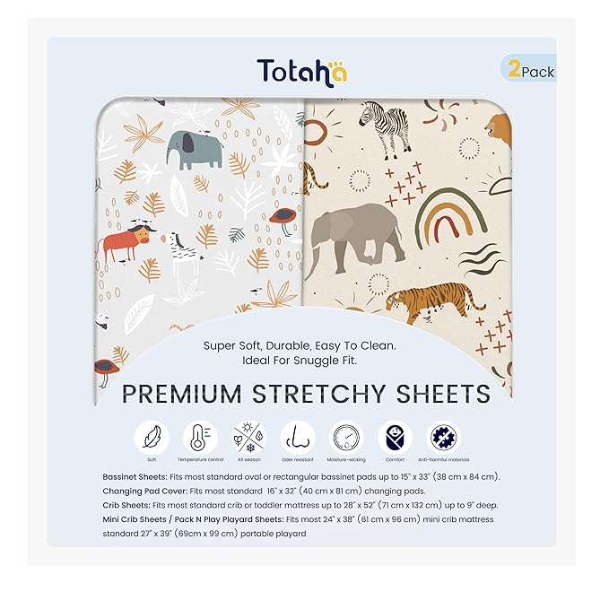 TotAha Jungle Animal Mini Crib Sheet, Premium Stretch Fitted Portable Mini Cribs Playards Sheets, Ultra Soft Breathable Jersey Knit Pack N Play Sheet 24x38x5, 2 Pack