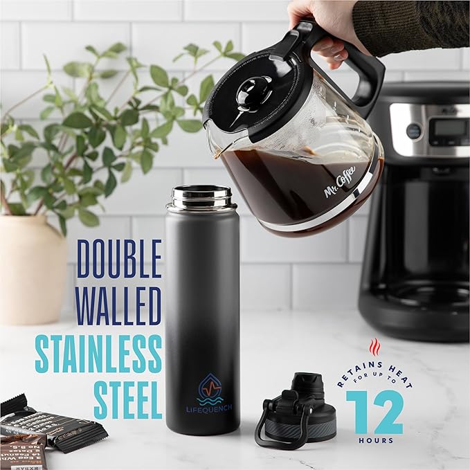 Insulated Water Bottle with Straw and Handle 22 oz-Stainless Steel Water Bottles with Straw, Dual Cap Function & Sleeve, Keeps Drinks Hot Up to 12 Hours & Cold Up to 24 Hours (Rock)