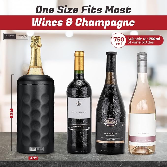 Portable Double Wall Insulated Vacuum Stainless Steel Wine Champagne Bottle Chiller gift set w/two tumblers (Black)